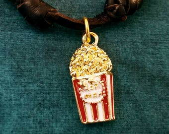 Popcorn Necklace SMALL Popcorn Charm Necklace Popcorn Jewelry Pendant Brown Leather Necklace Cord Men's Jewelry Boyfriend Necklace Christmas