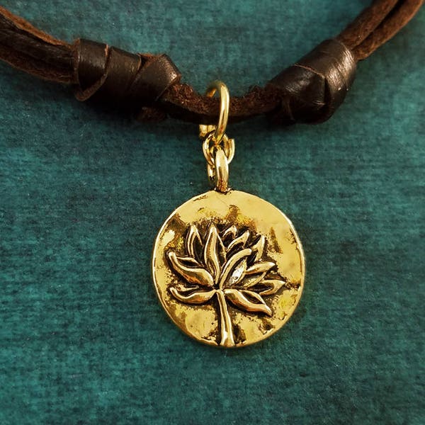 Lotus Necklace Yoga Jewelry Meditation Jewelry Mindfulness Leather Necklace Buddhist Brown Cord Necklace Men's Jewelry Boyfriend Necklace