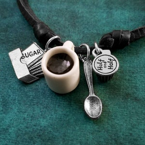 Coffee Necklace SMALL Cream and Sugar Charm Necklace Coffee Jewelry Spoon Necklace Brown Leather Necklace Men&#39;s Jewelry Boyfriend Necklace
