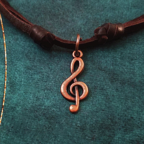 Treble Clef Necklace SMALL Classical Music Note Necklace Gift Charm Leather Necklace Brown Cord Necklace Men's Jewelry Boyfriend Necklace