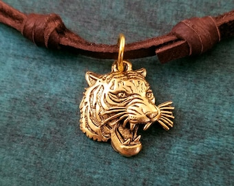 Tiger Necklace Tiger Jewelry Wildcat Tiger Charm Necklace Pendant Leather Necklace Brown Cord Necklace Men's Jewelry Boyfriend Necklace Gift