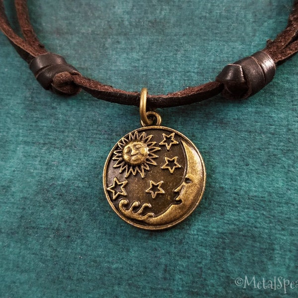 Moon Necklace Stars Necklace Sun Necklace Star Necklace Charm Pendant Necklace Brown Leather Necklace Men's Jewelry Boyfriend Necklace Gift