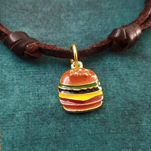 Hamburger Necklace Burger Necklace Cheeseburger Necklace Charm Necklace Pendant Necklace Brown Leather Necklace Men's Jewelry Boyfriend Gift