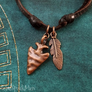 Arrowhead Necklace Feather Necklace Copper Necklace Hunting Necklace Hunter Jewelry Brown Leather Necklace Men&#39;s Jewelry Boyfriend Necklace