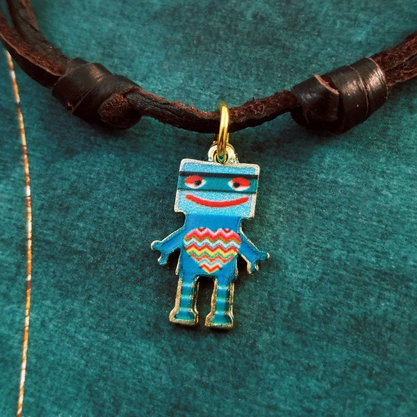 Robot Necklace Blue Love Robot Jewelry Geek Necklace Pendant Cord Necklace Brown Leather Necklace Men's Jewelry Boyfriend Necklace Gift