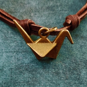 Paper Crane Necklace Paper Crane Jewelry Japanese Gift Charm Necklace Leather Necklace Brown Cord Necklace Men&#39;s Jewelry Boyfriend Necklace