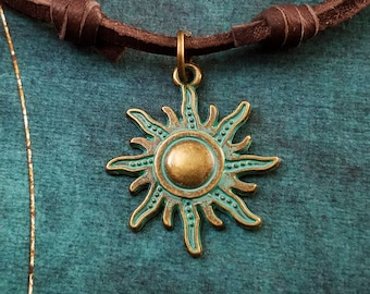 Sun Necklace SMALL Patina Sun Jewelry Blue Sun Charm Necklace Pendant Leather Necklace Brown Cord Necklace Men's Jewelry Boyfriend Necklace