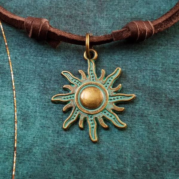 Sun Necklace SMALL Patina Sun Jewelry Blue Sun Charm Necklace Pendant Leather Necklace Brown Cord Necklace Men's Jewelry Boyfriend Necklace