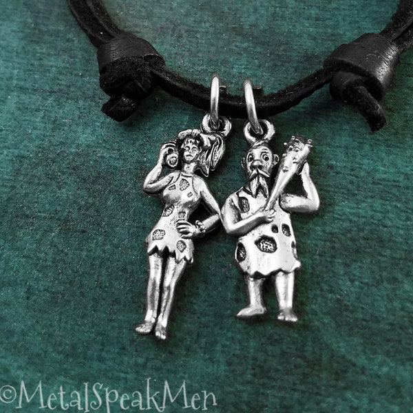 Caveman Necklace SMALL Cavewoman Charm Husband and Wife Mom and Dad Cord Necklace Black Leather Necklace Men's Jewelry Anniversary Gift