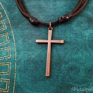 Cross Necklace Cross Jewelry Cross Charm Necklace Copper Pendant Necklace Christian Brown Leather Necklace Men's Jewelry Boyfriend Necklace