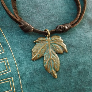 Leaf Necklace Blue Patina Leaf Jewelry Leaf Charm Leaf Pendant Necklace Brown Leather Necklace Men&#39;s Jewelry Boyfriend Necklace Autumn Gift