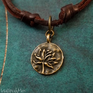 Lotus Flower Necklace Meditation Jewelry Mindfulness Yoga Jewelry Hindu Buddhist Brown Leather Necklace Men&#39;s Jewelry Boyfriend Jewelry Gift