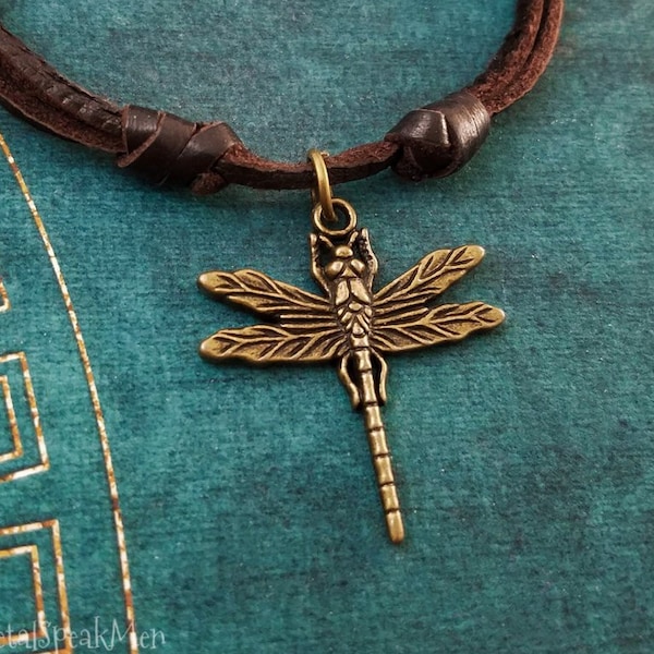 Dragonfly Necklace Bronze Dragonfly Jewelry Insect Jewelry Charm Brown Leather Necklace Dragonfly Gift Men's Jewelry Boyfriend Necklace