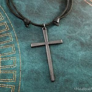 Cross Necklace Cross Jewelry Cross Charm Necklace Gunmetal Cross Pendant Necklace Black Leather Necklace Men's Jewelry Boyfriend Necklace