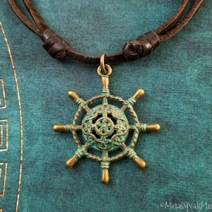Ship Wheel Necklace Nautical Jewelry Ship Jewelry Helm Necklace Charm Pendant Brown Leather Necklace Men's Jewelry Boyfriend Necklace Gift