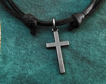 Cross Necklace Cross Jewelry Cross Charm Necklace Christian Cross Pendant Necklace Black Leather Necklace Men's Jewelry Boyfriend Necklace