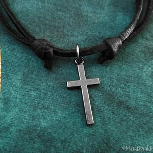 Cross Necklace Cross Jewelry Cross Charm Necklace Christian Cross Pendant Necklace Black Leather Necklace Men's Jewelry Boyfriend Necklace