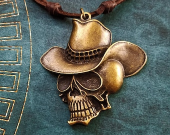 Cowboy Skull Necklace LARGE Skull Charm Necklace Skull Jewelry Western Leather Necklace Brown Cord Necklace Men's Jewelry Boyfriend Necklace