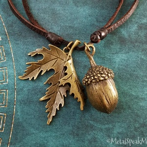 Acorn Necklace Maple Leaf Necklace Autumn Jewelry Fall Jewelry Pendant Necklace Brown Leather Necklace Men&#39;s Jewelry Boyfriend Necklace Gift