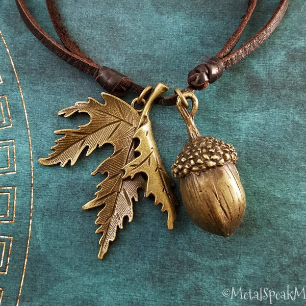 Acorn Necklace Maple Leaf Necklace Autumn Jewelry Fall Jewelry Pendant Necklace Brown Leather Necklace Men's Jewelry Boyfriend Necklace Gift