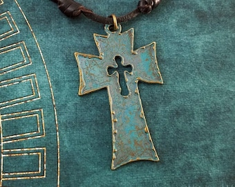 Cross Necklace Medieval Cross Patina Cross Jewelry Charm Pendant Necklace Brown Leather Necklace Men's Jewelry Boyfriend Necklace Gift