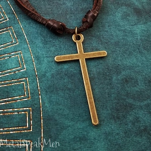 Cross Necklace Bronze Cross Charm Necklace Cross Jewelry Dad Jewelry Gift  Brown Leather Necklace Cord Men's Jewelry Boyfriend Necklace