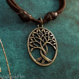 Tree of Life Necklace Willow Tree Necklace Family Tree Charm Necklace Bronze Pendant Brown Leather Necklace Men's Jewelry Boyfriend Gift