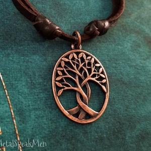 Tree of Life Necklace Willow Tree Necklace Copper Family Tree Charm Necklace Pendant Brown Leather Necklace Men's Jewelry Boyfriend Gift