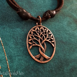 Tree of Life Necklace Willow Tree Necklace Copper Family Tree Charm Necklace Pendant Brown Leather Necklace Men&#39;s Jewelry Boyfriend Gift