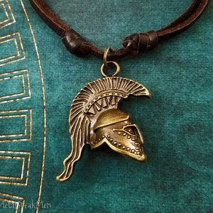 Spartan Necklace Sparta Jewelry Spartan Helmet Necklace Charm Necklace Leather Necklace Brown Cord Necklace Men&#39;s Jewelry Boyfriend Necklace