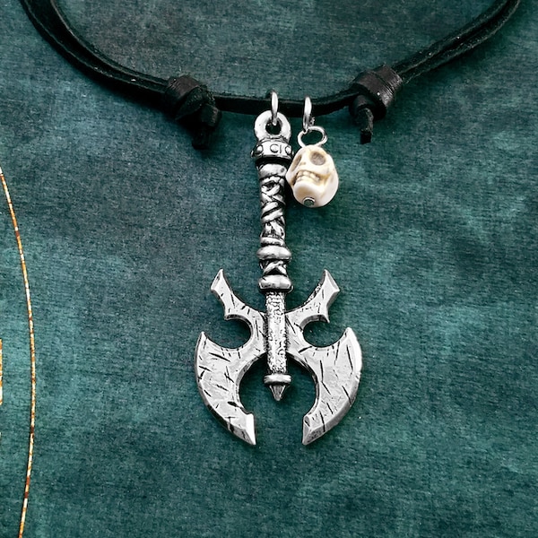 Labrys Necklace Axe Necklace Double Sided Axe Jewelry Skull Necklace Leather Necklace Black Cord Necklace Men's Jewelry Boyfriend Necklace
