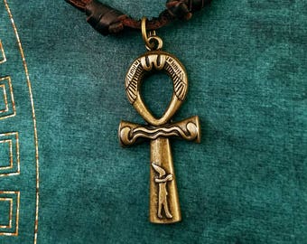 Ankh Necklace Ankh Charm Necklace Ankh Jewelry Egyptian Jewelry Husband Gift Brown Leather Necklace Cord Men's Jewelry Boyfriend Necklace