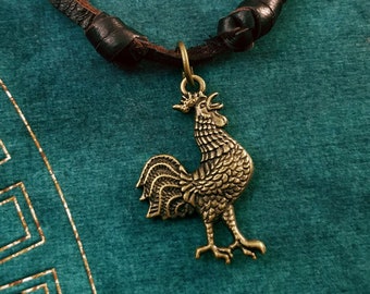 Rooster Necklace Rooster Charm Necklace Bronze Rooster Jewelry Cord Necklace Brown Leather Necklace Men's Jewelry Boyfriend Necklace Brother