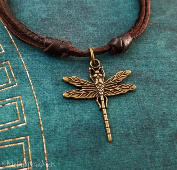 Dragonfly Necklace Bronze Dragonfly Jewelry Insect Jewelry Charm Brown Leather Necklace Dragonfly Gift Men's Jewelry Boyfriend Necklace