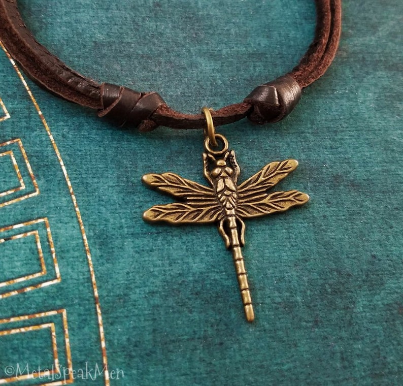 May include: A brown leather cord necklace with a gold-toned dragonfly pendant.