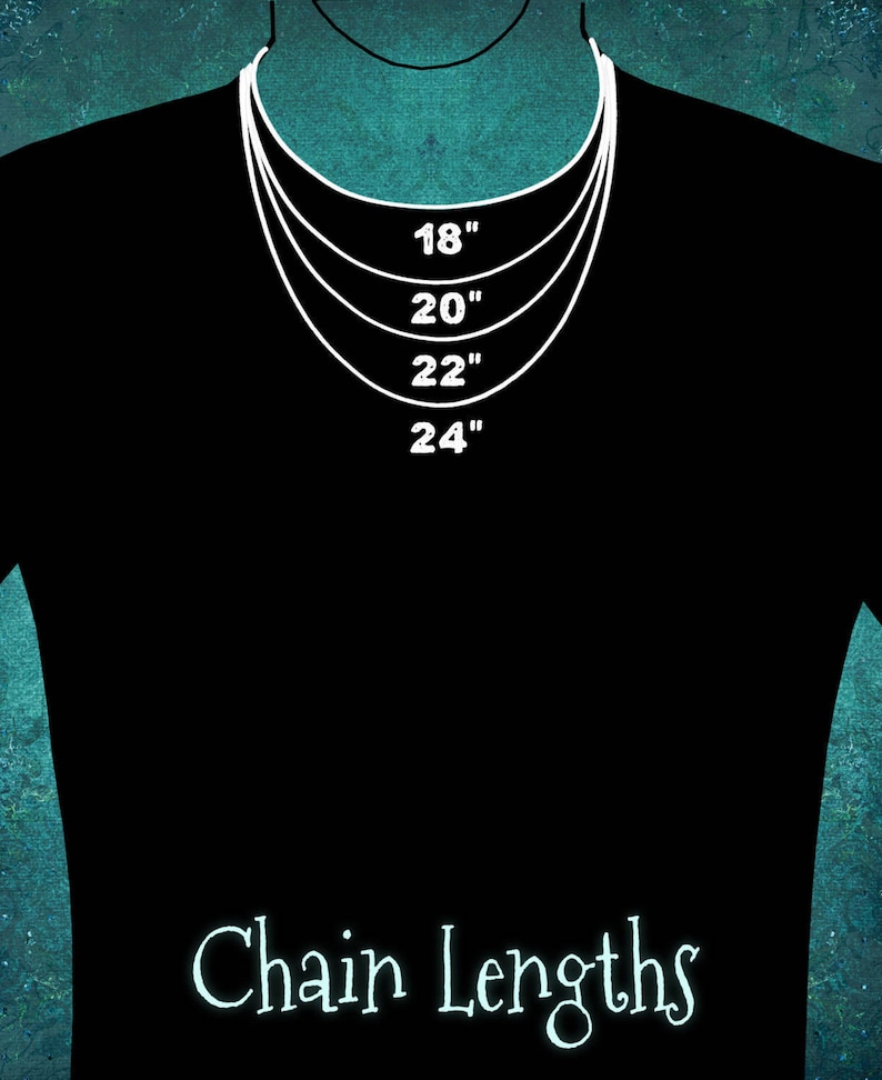 May include: Diagram showing different chain lengths for necklaces, with options for 18 inches, 20 inches, 22 inches, and 24 inches.