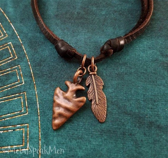 Arrowhead Necklace Feather Necklace Copper Necklace Hunting Necklace Hunter Jewelry Brown Leather Necklace Men's Jewelry Boyfriend Necklace