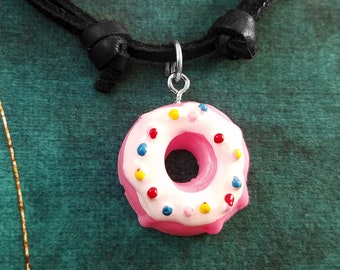 Donut Necklace Pink Donut Charm Necklace Donut with Sprinkles Pendant Jewelry Gift Black Leather Necklace Men's Jewelry Boyfriend Necklace