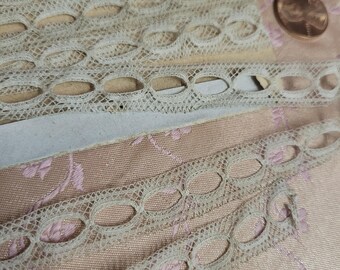 slotted lace trim  clothes Valennciene antique edging 62"  beaded for silk ribbon