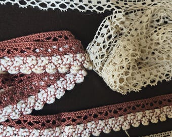 Lote de 6 cintas de encaje vintage francesas Torchon con borde estrecho, ideales para muñecas victorianas. Bobina de más de 6 yardas en total.