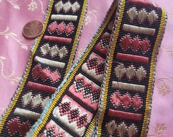 Jaquard rosa ancho cinta ribete sedoso vintage 26" bordado tejido 1920s