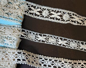 6 vintage French Torchon narrow edging Lace trim lot Victorian dolls  Bobbin 8 yds total