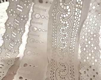 Lote de 4 telas transparentes vintage con detalles de ojales de encaje y ribetes muy bordados con flores