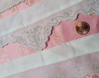 3 tiny HEAVILY hand embroidered  trim vintage lot SHEER floral detailed dolls