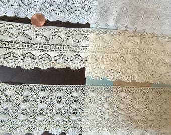 3 vintage BOBBIN French lace  Picoted Torchon trim hand made  dainty wide lot