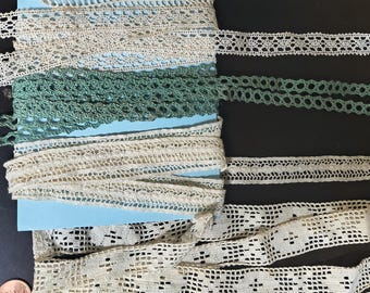Lote de 8 cintas de encaje vintage francesas Torchon con borde estrecho, ideales para muñecas victorianas (15+ yardas en total).