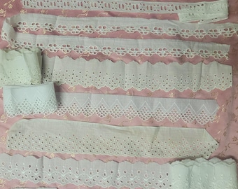 Vintage embroidered trim lace eyelet scalloped  6+  yards floral heavy cotton