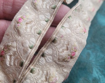 SILK Golden Puffy floral Vintage trim STUFFED Braid Ribbon Victorian tiny Pink 3D Bouquet 1/2 yard