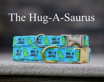 Dino Dog Collar | Fabric Dog Collar | XS-XL Collar | Martingale Dog Collar | Plastic/Metal Hardware | Blue Dog Collar | 'The Hug-A-Saurus'