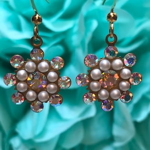 Sparkling Snowflake drop earrings, Swarovski AB crystals and pearl earrings, Christmas Earrings, Winter Earrings, Holidays